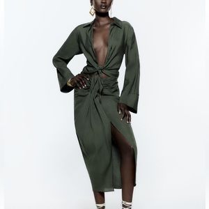 Zara linen blouse top and skirt set dark green